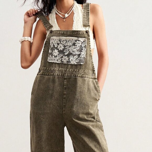 Army Green Casual Womens Boho Woven Loose Washed Patchwork & Lace overalls pants - Picture 5 of 8